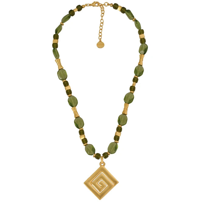 Olive Green 14x10mm Czech Beads Necklace with Calima Typical Decoration Pendant