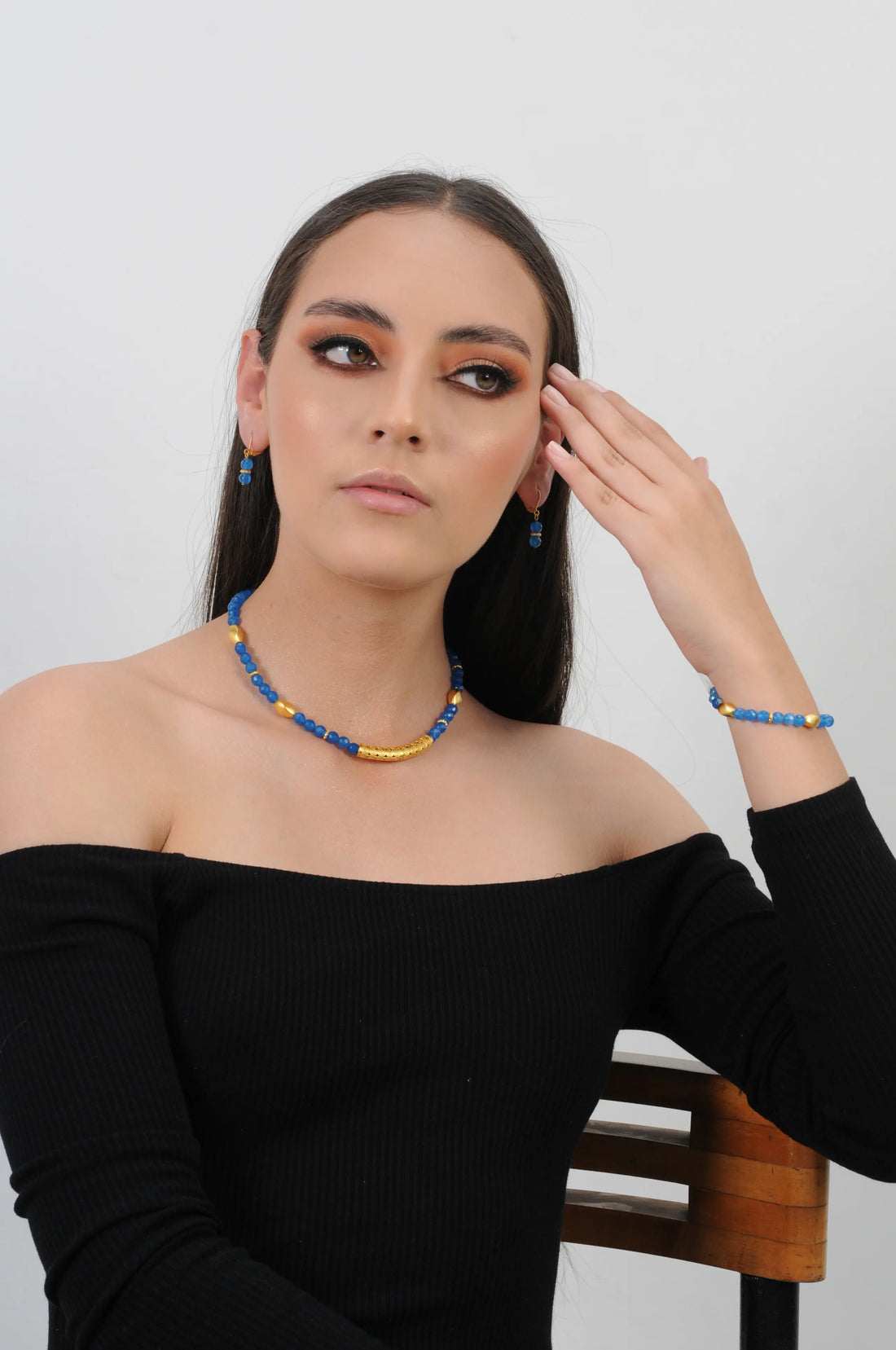 Blue Agate 6mm Semiprecious Stone Necklace with Pre-Columbian Accessory