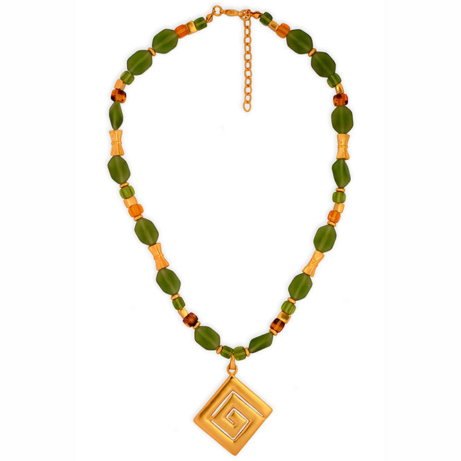 Olive Green 14x10mm Czech Beads Necklace with Calima Typical Decoration Pendant