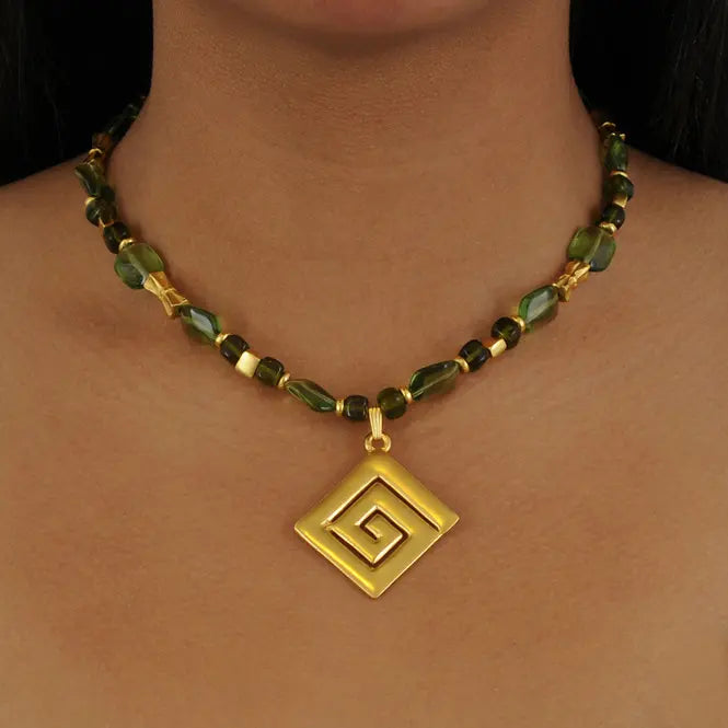 Olive Green 14x10mm Czech Beads Necklace  with Calima Typical Decoration Pendant