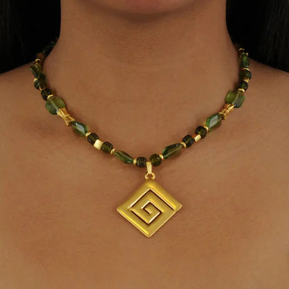 Olive Green 14x10mm Czech Beads Necklace  with Calima Typical Decoration Pendant