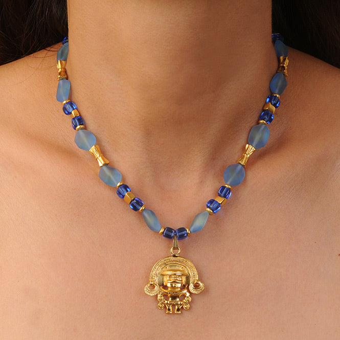 Blue czech beads necklace with Tairona zoomorph