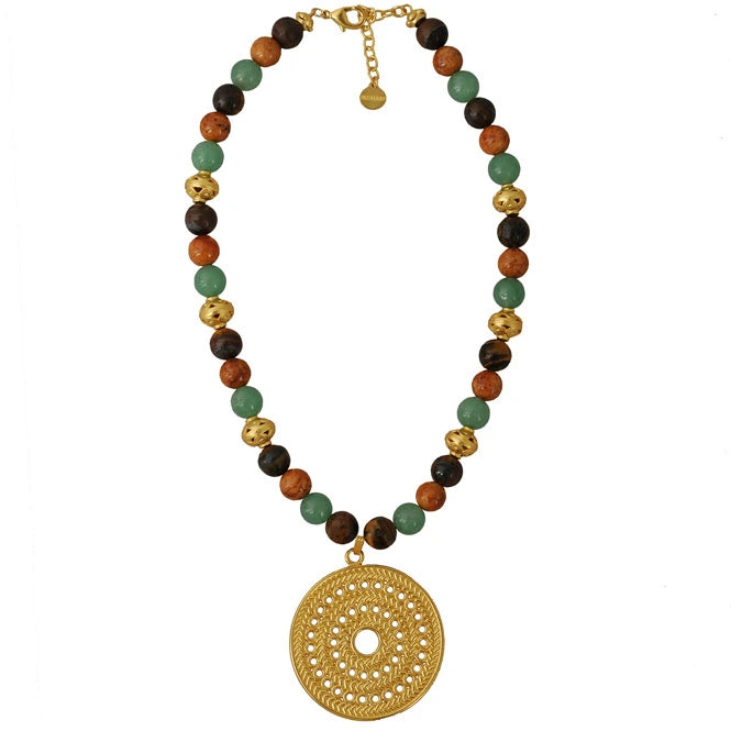 Tiger Eye, Aventurine Semiprecious Stones Necklace with Muisca Solar Pectoral Pendant