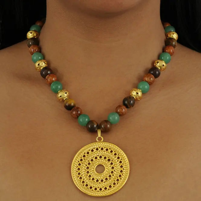 Tiger Eye, Aventurine Semiprecious Stones Necklace with Muisca Solar Pectoral Pendant