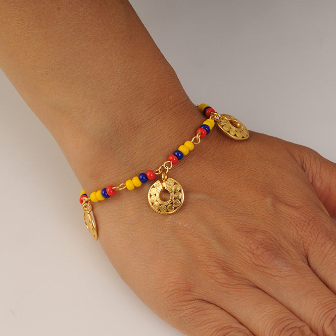 COLOMBIA BRACELET WITH 3 MINI NOSE ORNAMENT CHARMS OF QUIMBAYA CIRCLES