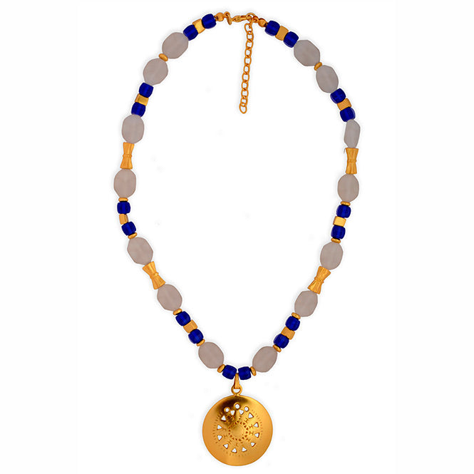 White and Blue Czech Beads Necklace with Muisca Pectoral Pendant