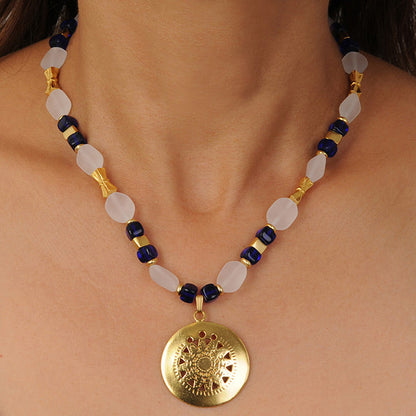 White and Blue Czech Beads Necklace with Muisca Pectoral Pendant