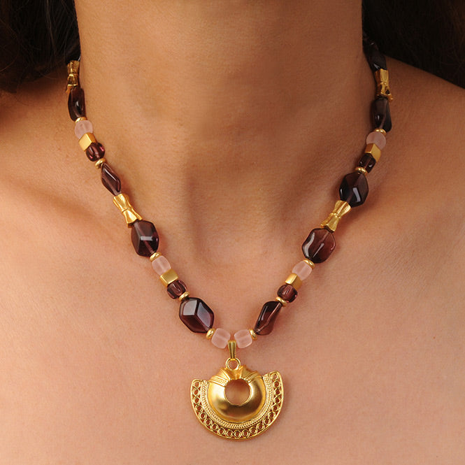 Amethyst and Rose Czech Beads Necklace with Tairona Semilunar Nose Ornament Pendant