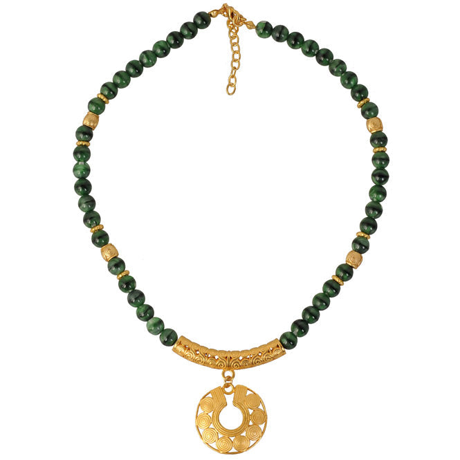 Green 8mm Czech Beads Necklace with Quimbaya Circles Nose Ornament Pendant