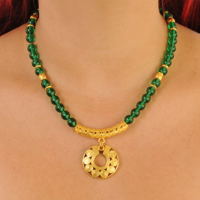 Green 8mm Czech Beads Necklace with Quimbaya Circles Nose Ornament Pendant