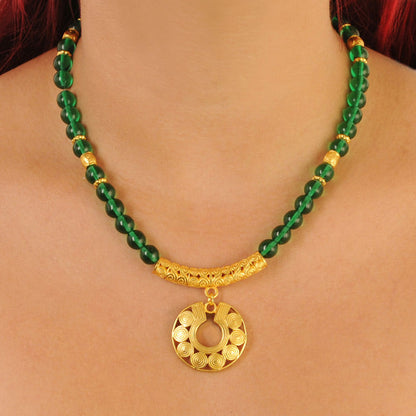 Green 8mm Czech Beads Necklace with Quimbaya Circles Nose Ornament Pendant