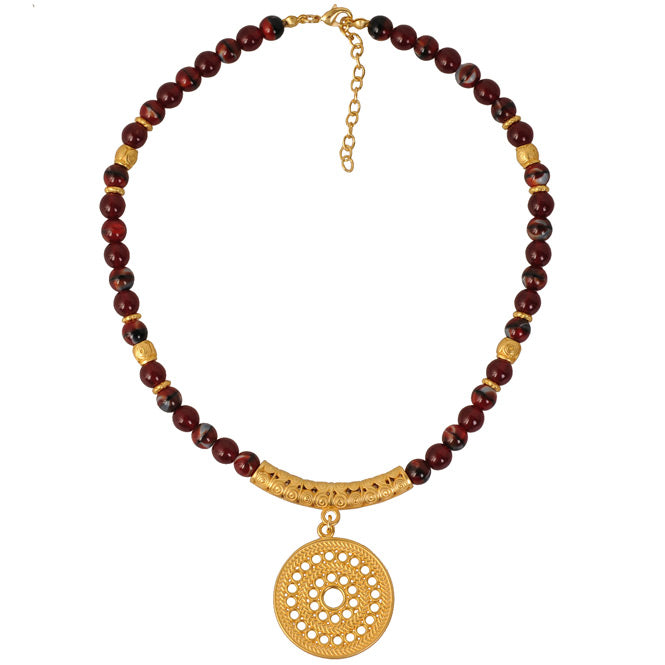 Dark Red 8mm Czech Beads Necklace with Muisca Solar Pectoral Pendant