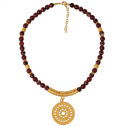 Dark Red 8mm Czech Beads Necklace with Muisca Solar Pectoral Pendant