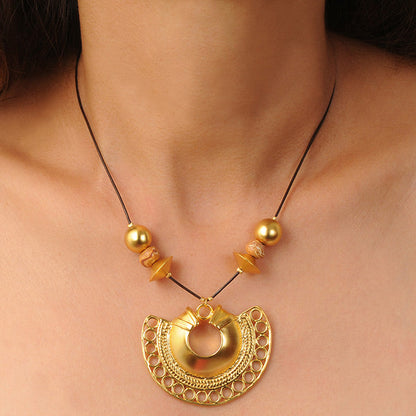 Brown Leather Necklace with Tairona Semilunar Nose Ornament Pendant