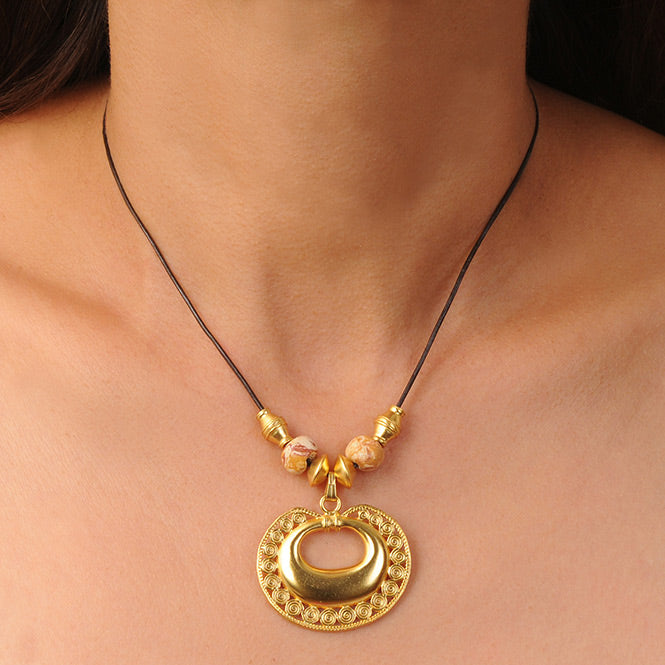 Brown Leather Necklace with Tairona Circles Nose Ornament Pendant