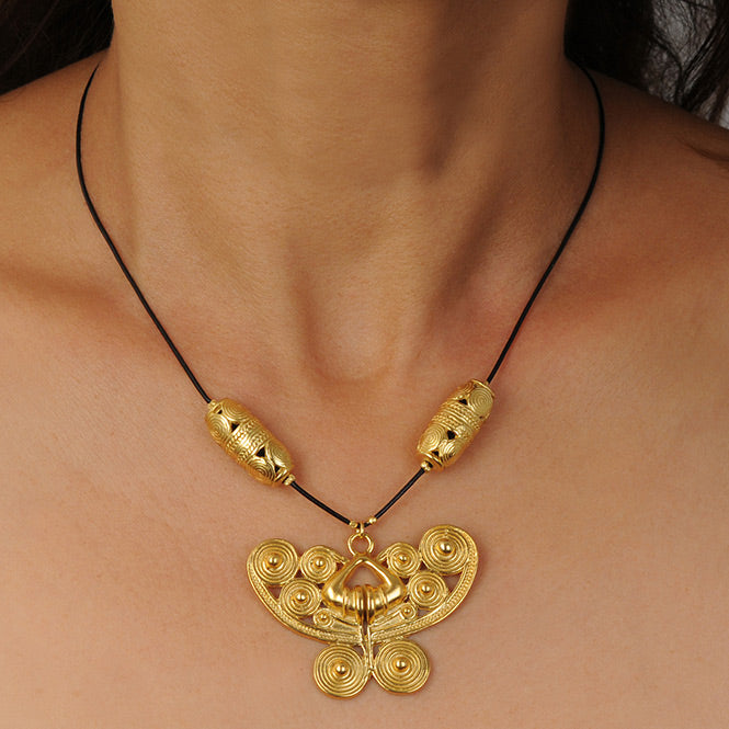 Black Leather Necklace with Tairona Butterfly Nose Ornament Pendant