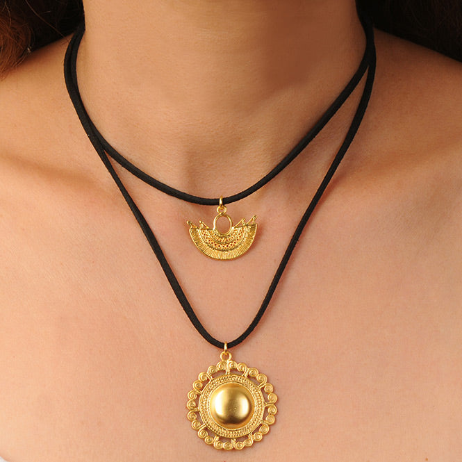 Double Strand Leather Necklace with Pendants Sinu Filigree Winged Nose Ornament and Tolima Round Pectoral