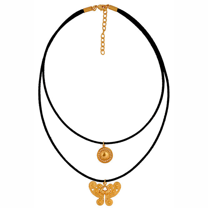 Double Strand Leather Necklace with Pendants Muisca Circles Pectoral and Tairona Butterfly Nose Ornament