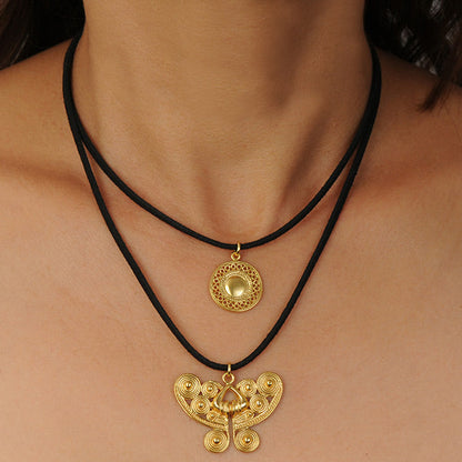 Double Strand Leather Necklace with Pendants Muisca Circles Pectoral and Tairona Butterfly Nose Ornament