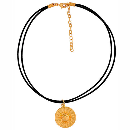 Black Leather Choker Necklace with Muisca Sun Pendant