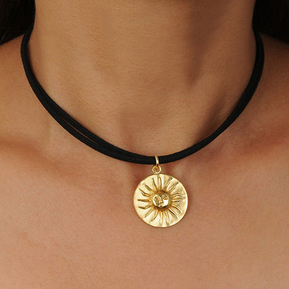 Black Leather Choker Necklace with Muisca Sun Pendant