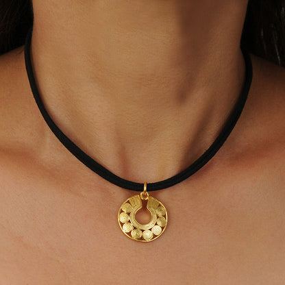 Black Leather Choker Necklace with Quimbaya Circles Nose Ornament Pendant