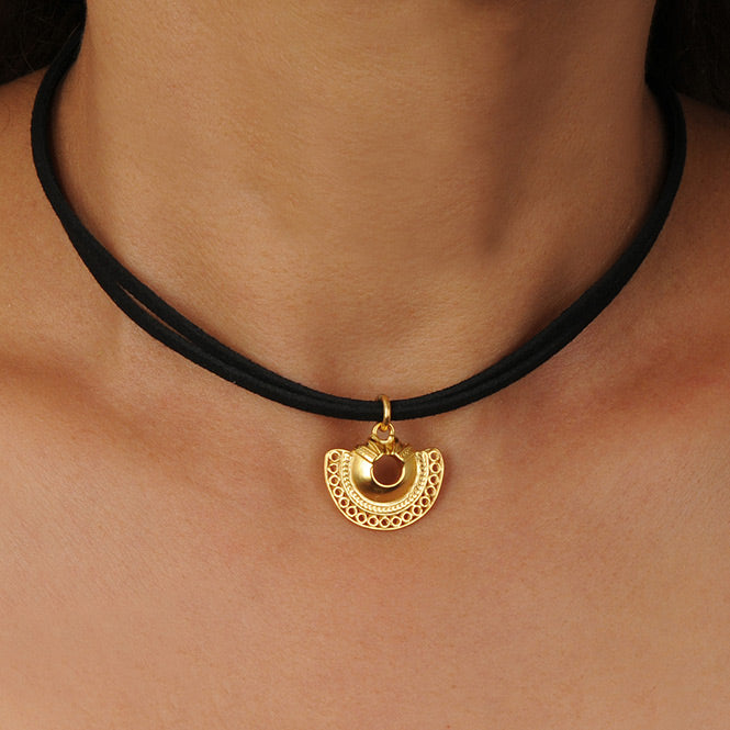 Black Leather Choker Necklace with Tairona Semilunar Nose Ornament Pendant