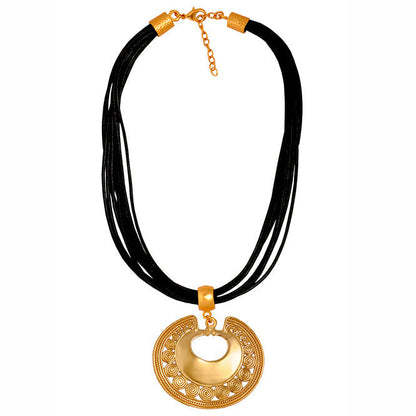 Multi Strand Black Leather Necklace with Tairona Circles Nose Ornament Pendant