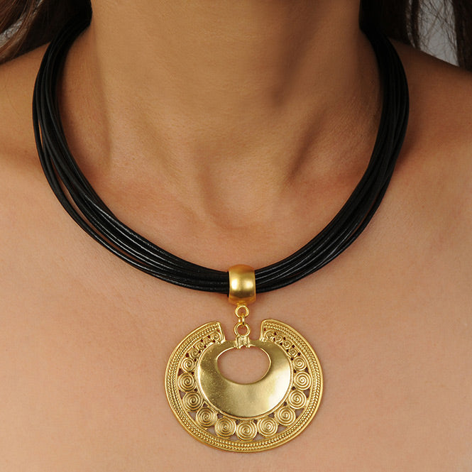 Multi Strand Black Leather Necklace with Tairona Circles Nose Ornament Pendant