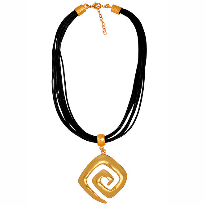 Multi Strand Black Leather Necklace with Calima Decoration Pendant