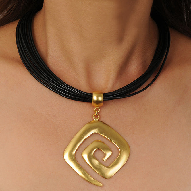 Multi Strand Black Leather Necklace with Calima Decoration Pendant