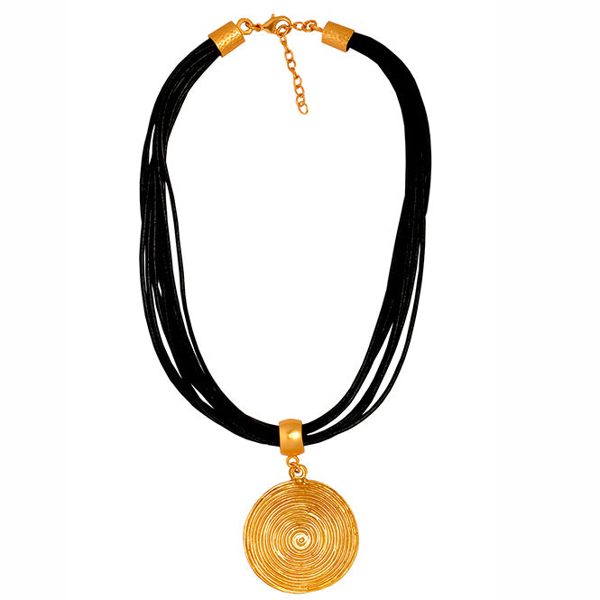 Multi Strand Black Leather Necklace with Quimbaya Pectoral Pendant