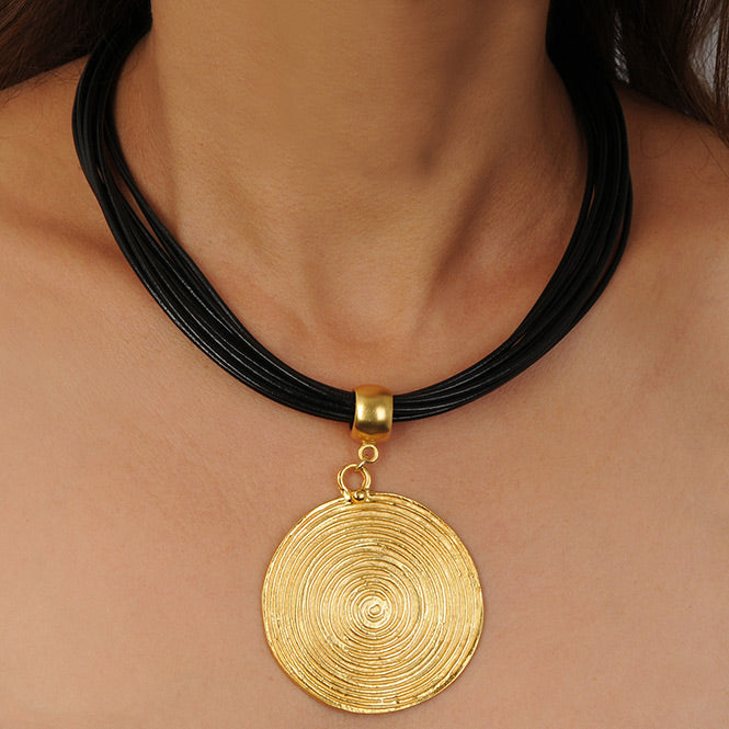 Multi Strand Black Leather Necklace with Quimbaya Pectoral Pendant