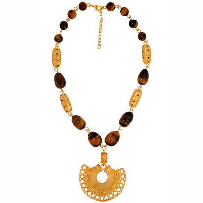 Semi-precious Stone Tiger Eye Necklace with Tairona Semilunar Nose Ornament Pendant