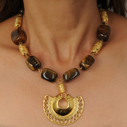 Semi-precious Stone Tiger Eye Necklace with Tairona Semilunar Nose Ornament Pendant