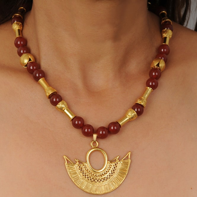 Carnelian Semi-precious Stone Necklace with Sinu Filigree Winged Nose Ornament Pendant