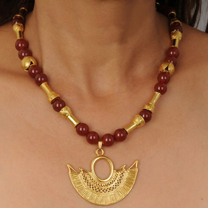 Carnelian Semi-precious Stone Necklace with Sinu Filigree Winged Nose Ornament Pendant