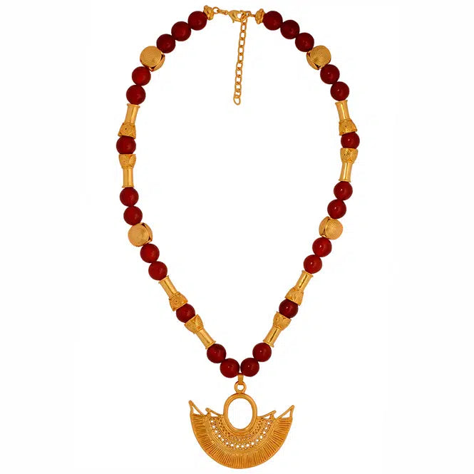 Carnelian Semi-precious Stone Necklace with Sinu Filigree Winged Nose Ornament Pendant