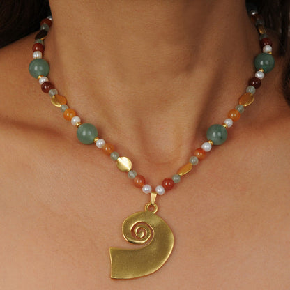 Aventurine, Carnelian, Pearls Semipecious Stone Necklace with Tairona Pectoral Pendant