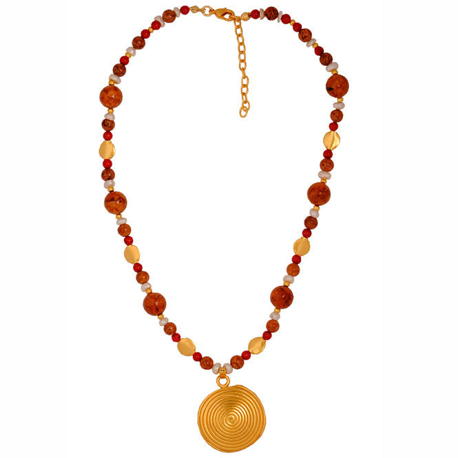 Brown Fossil, Red Fossil, Pearl Semiprecious Stones Necklace with Quimbaya Pectoral Pendant