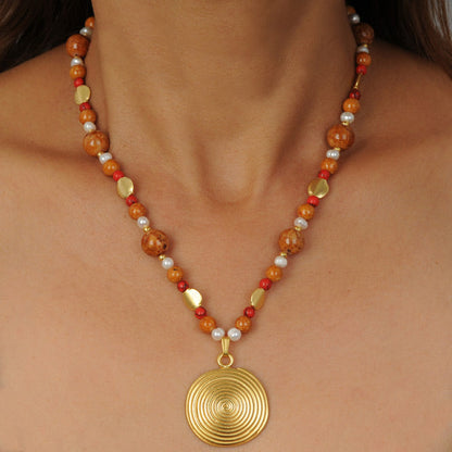 Brown Fossil, Red Fossil, Pearl Semiprecious Stones Necklace with Quimbaya Pectoral Pendant