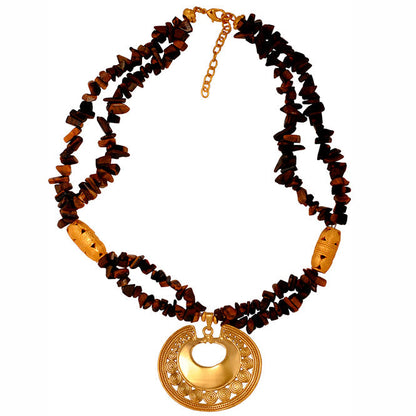 Tiger Eye Semiprecious Chips Necklace with Tairona Circles Nose Ornament Pendant