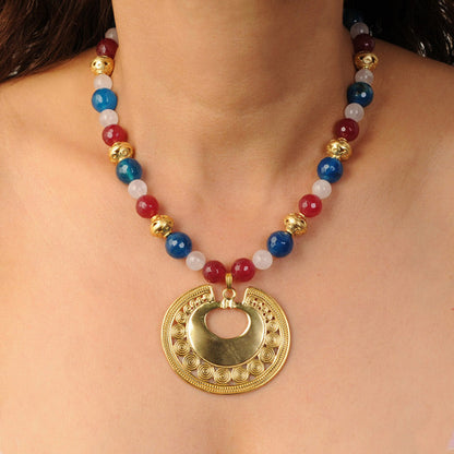 Blue and Fuchsia Agates, Rose Quartz Semiprecious Stones Necklace with Tairona Circles Nose Ornament Pendant