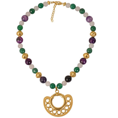 Purple and Green Agates, Pink Quartz Semi-precious Stones Necklace with Sinu Simple Filigree Nose Ornament Pendant