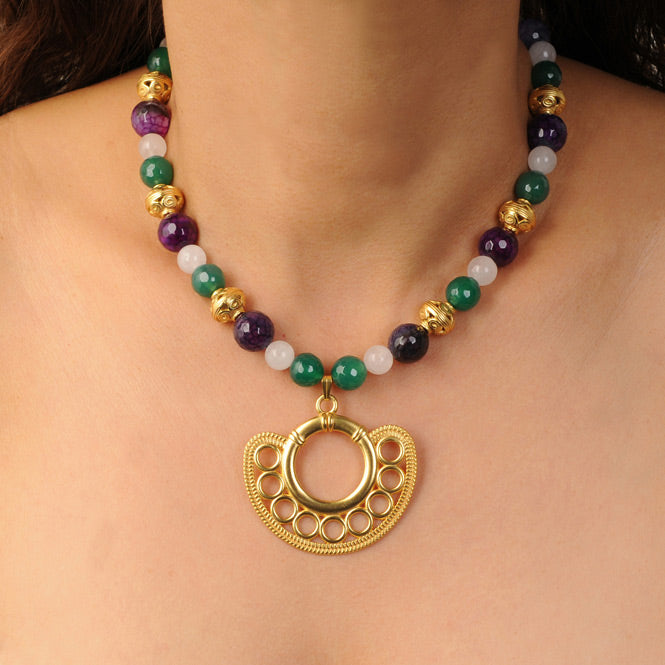 Purple and Green Agates, Pink Quartz Semi-precious Stones Necklace with Sinu Simple Filigree Nose Ornament Pendant