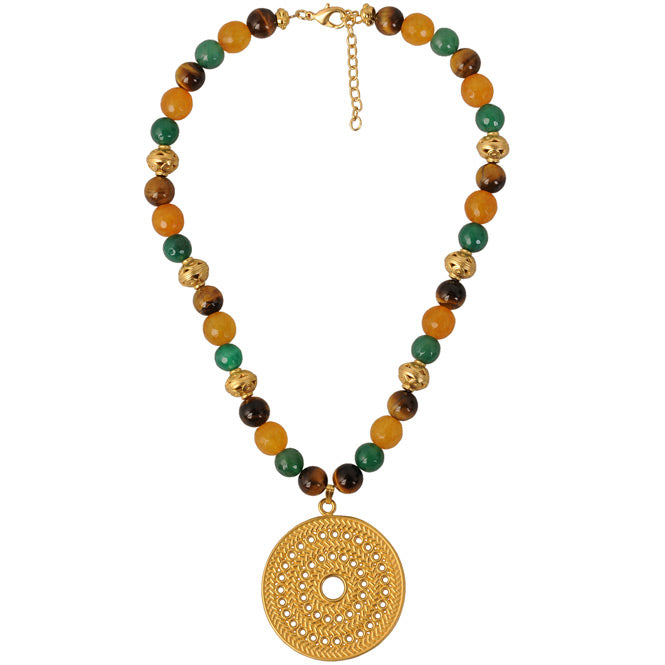 Yellow and Green Agates, Tiger Eye Semiprecious Stones Necklace with Muisca Solar Pectoral Pendant