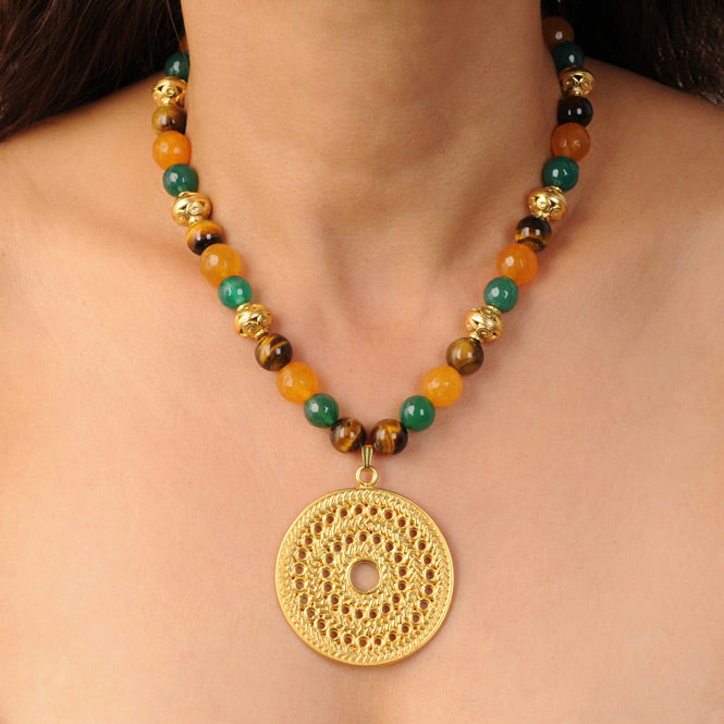 Yellow and Green Agates, Tiger Eye Semiprecious Stones Necklace with Muisca Solar Pectoral Pendant