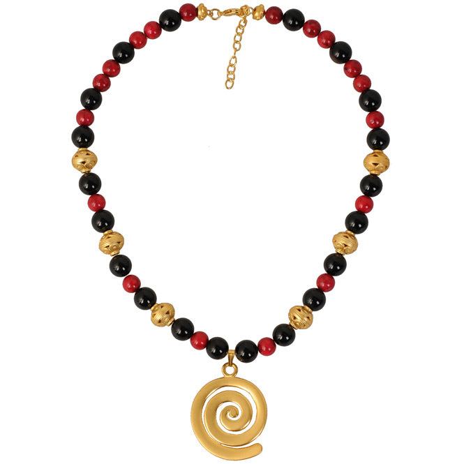 Onyx, Red Fossil Semiprecious Stones Necklace with Quimbaya Spiral Pendant