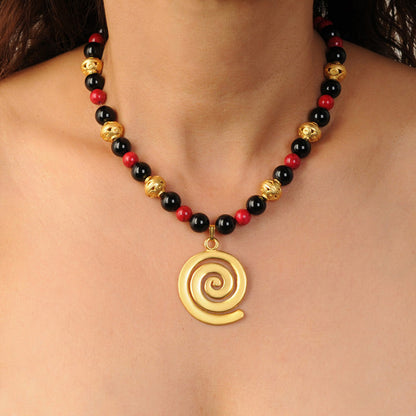 Onyx, Red Fossil Semiprecious Stones Necklace with Quimbaya Spiral Pendant