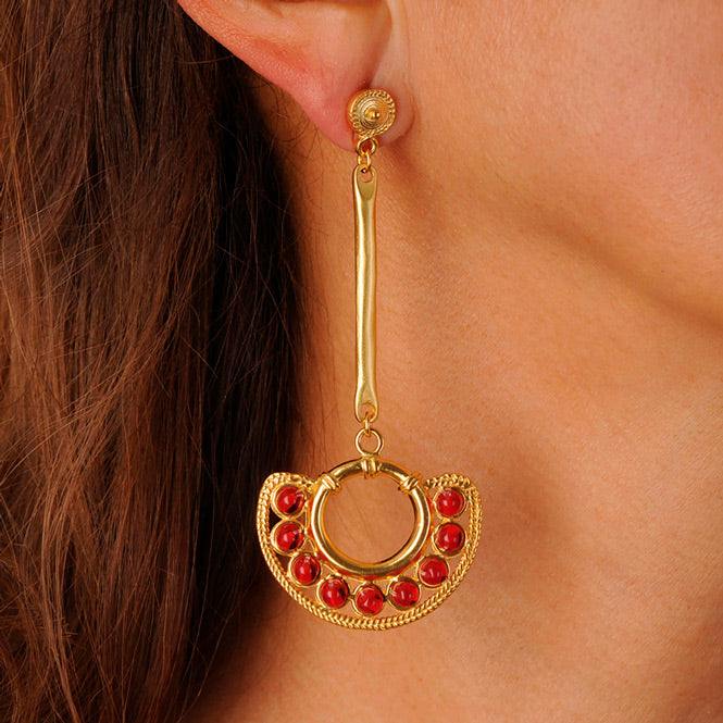 Red Circles Nose Ornament Long Earrings